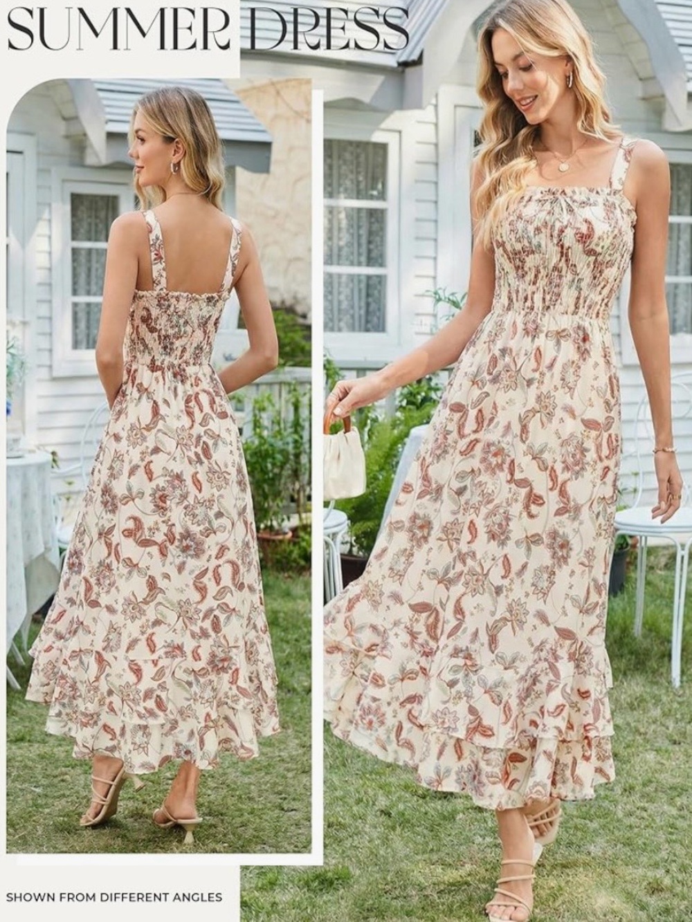 Grace Karin Cream Floral Smocked Maxi Dress with Rust & Sage Accents